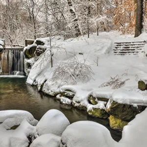 Snow-Covered Waterfall In The Loch, Central Park; New York City, New York, United States Of America