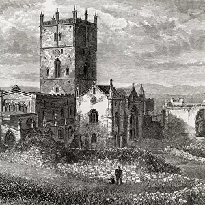 St. Davids cathedral and St. Marys college, St. David s, Pembrokeshire, Wales, seen here in the 19th century. From Welsh Pictures, published 1880
