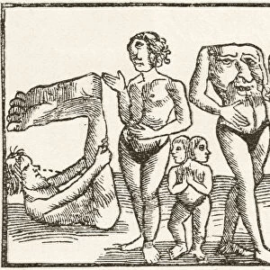 Strange Tribes From The Wilds Of The Earth. From Left To Right, A Monopodi, A Monoculi Cyclopean, A Two Headed Dwarf, A Person With No Head But Merely A Face On Their Chest And A Member Of The Cynocephali Or Dog Headed People. After A 16th Century Woodcut Print. From The Strand Magazine Published 1897