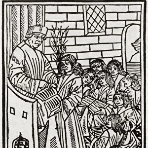 A teacher and his pupils in the 16th century. The birch he holds is used to punish the ignorant