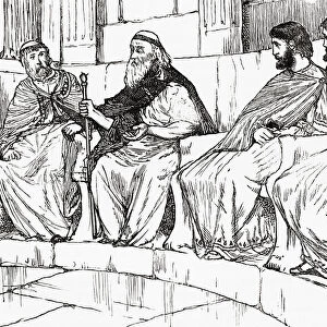 Timoleon in the Syracusan assembly. Timoleon, son of Timodemus, of Corinth c. 411-337 BC. Greek statesman who reformed Syracuse and after retirement, although blind, was carried to the assembly for his opinion. From Cassells Universal History, published 1888