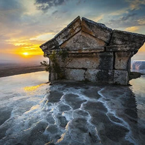 Tomb Submerged In A Travertine Pool In Hierapolis At Sunset; Pamukkale, Turkey