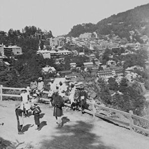 Victorian stereoview card from circa 1900 India, historic social history image. Simla, the beautiful Himalayan Mountain Resort from the highway to Kalka; India