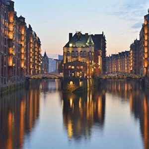 View of Speicherstadt with River Elbe at Dusk, Hamburg, Germany