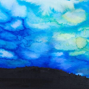 Watercolor Painting Of A Dramatic Sky With Blue Clouds And Silhouette Of A Landscape