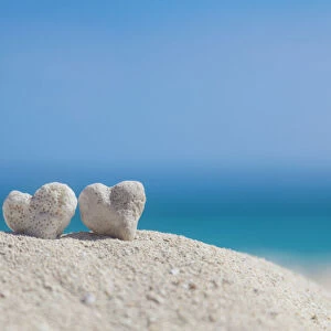 Two White Heart Shaped Coral Rocks Placed Together On Sand At The Beach; Honolulu, Oahu, Hawaii, United States Of America