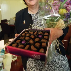 Ann Widdecombe MP in her Parliament office with chocolates