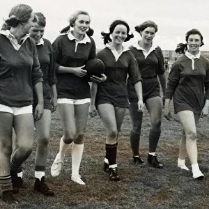 Ardrossan Ladies 7-a-side rugby players leave pitch after game September 1967