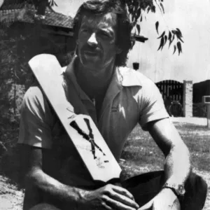 Australian cricketer Dennis Lillee with his aluminium bat which was banned after he used