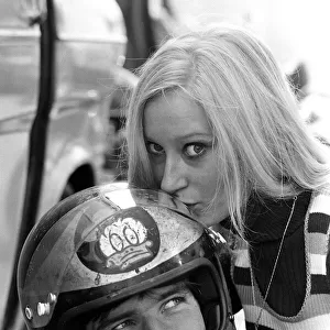 Barry Sheene at TT races in Isle of Man with girlfriend Lesley Shepherd. June 1971