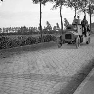 Belgian armoured motor car seen here on the Antwerp road. September 1914
