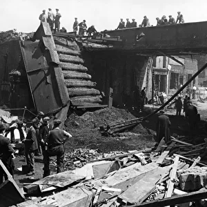 Bethnal Green bombing incident. The damaged railway bridge in Grove Road, London