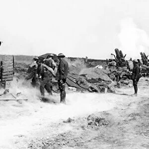 British gun battery opens fire on the enemys front lines during World War One