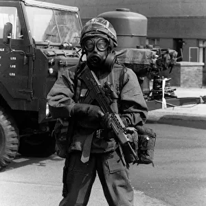 British soldier wearing chemical warfare suit August 1990 at RAF Coltishall