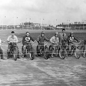 Cardiff Speedway riders line up for a practice at the new Penarth Road Stadium
