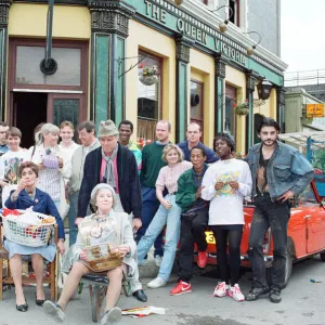 The cast of EastEnders on set. Picture includes Mike Reid, June Brown, John Altman