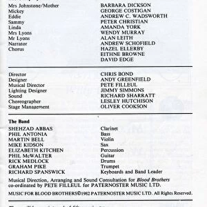 The cast list for Blood Brothers at the Liverpool Playhouse, 1983