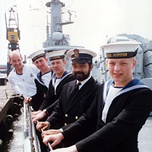 Five crew member of the HMS Jupiter, looking forward to shore leave in their home port as