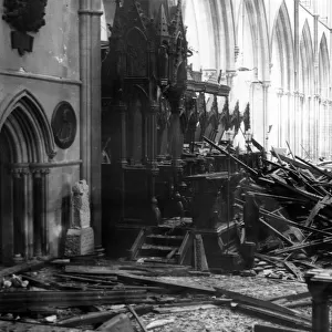 Damage to Llandaff Cathedral following the Cardiff Blitz. January 1941