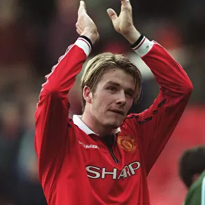 David Beckham celebrating after Manchester United Feb 1999 had beaten Southampton