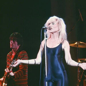 Debbie Harry, lead singer with the group Blondie, performing in Scotland. circa 1978