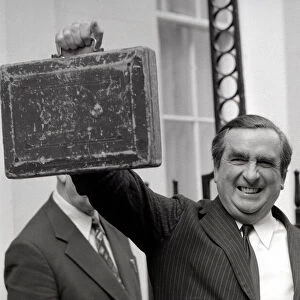 Denis Healy seen here leaving 11 Downing Street holding the budget box on Budget Day 1976