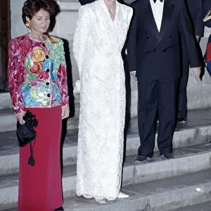 Diana, Princess of Wales, wearing a white and blue lace