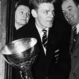 Dick McTaggart boxer holding the Val Barker cup for best Olympic boxer boxing
