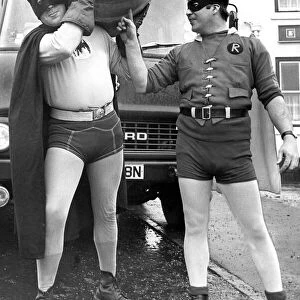 Draymen Jim Evans (Batman) and Eric Wilson (Robin) deliver beer at Easington in 1977