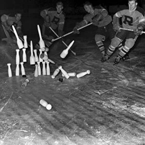 Earls Court Rangers seen here playing skittles on ice. October 1952 C5211A-001