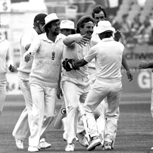 England v Pakistan. Ian Botham celebrates with keeper Bob Taylor after the wicket that