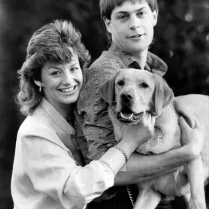 Everton goalkeeper Bobby Mimms with his wife Karen and their pet dog April 1986