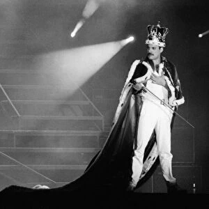 Freddie Mercury, lead singer of the rock group Queen in concert at St James Park in