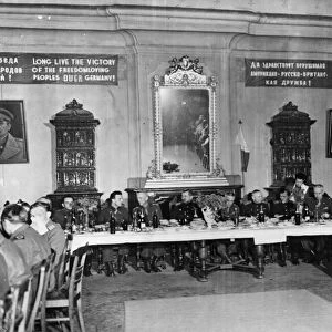 General view of Banquet Hall, decorated with Russian banners and pictures of Stalin