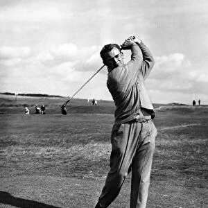 Golfer Dave Thomas. driving during the practise day at the Royal Porthcawl golf club