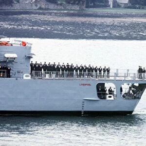 HMS Liverpool returns to port following service in Falklands War May 1982