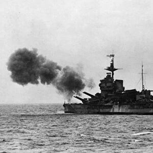 The fifteen inch guns of British Royal Navy warship HMS Warspite
