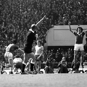 Ipswich players Derek Nippard and Roger Osborne celebrate at the final whistle as they