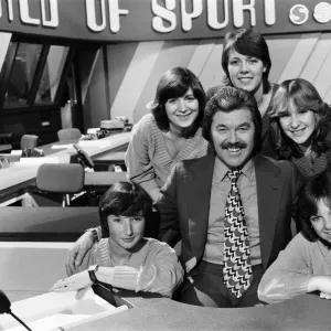 ITVs World of Sport presenter Dickie Davies with five women who work with