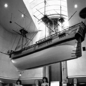 Jayne Tarpey and Emma Edwards under a replica of Captain Cooks ship "