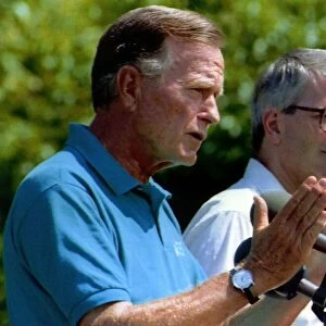 John Major MP with President George Bush at a press confrence at the presidents vacation