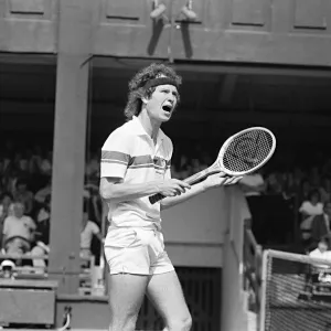 John McEnroe arguing with the umpire on the first day of Wimbledon 1981