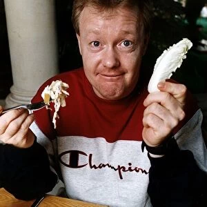 Keith Chegwin TV Presenter spends a day at a health club eating at table
