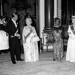 L TO R. Prince Philip, Queen Mum. Queen Elizabeth II and President Abdou Diouf