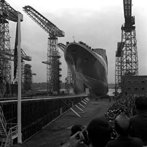 The launch of the QE2 ship at Clyde shipyard in September 1967