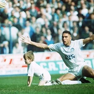 Leeds United footballer Vinnie Jones appeals after tackling the match mascot