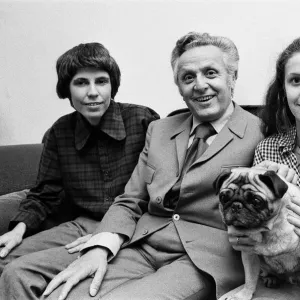 Leo Abse MP with children Tobias and Bathsheba holding pug dog. 22nd May 1973