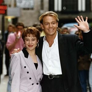 Linzi Hately actress with Jason Donovan at the London Palladium today where she is to