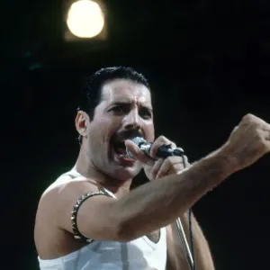 Live Aid concert at Wembley Stadium, Queen lead singer Freddie Mercury on stage