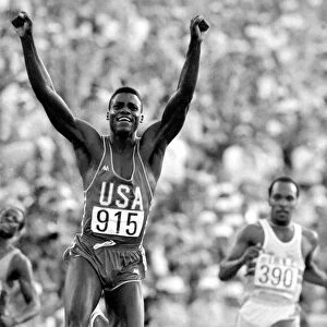Los Angeles 1984 Carl Lewis celebrates after winning the Mens 100 metres final at